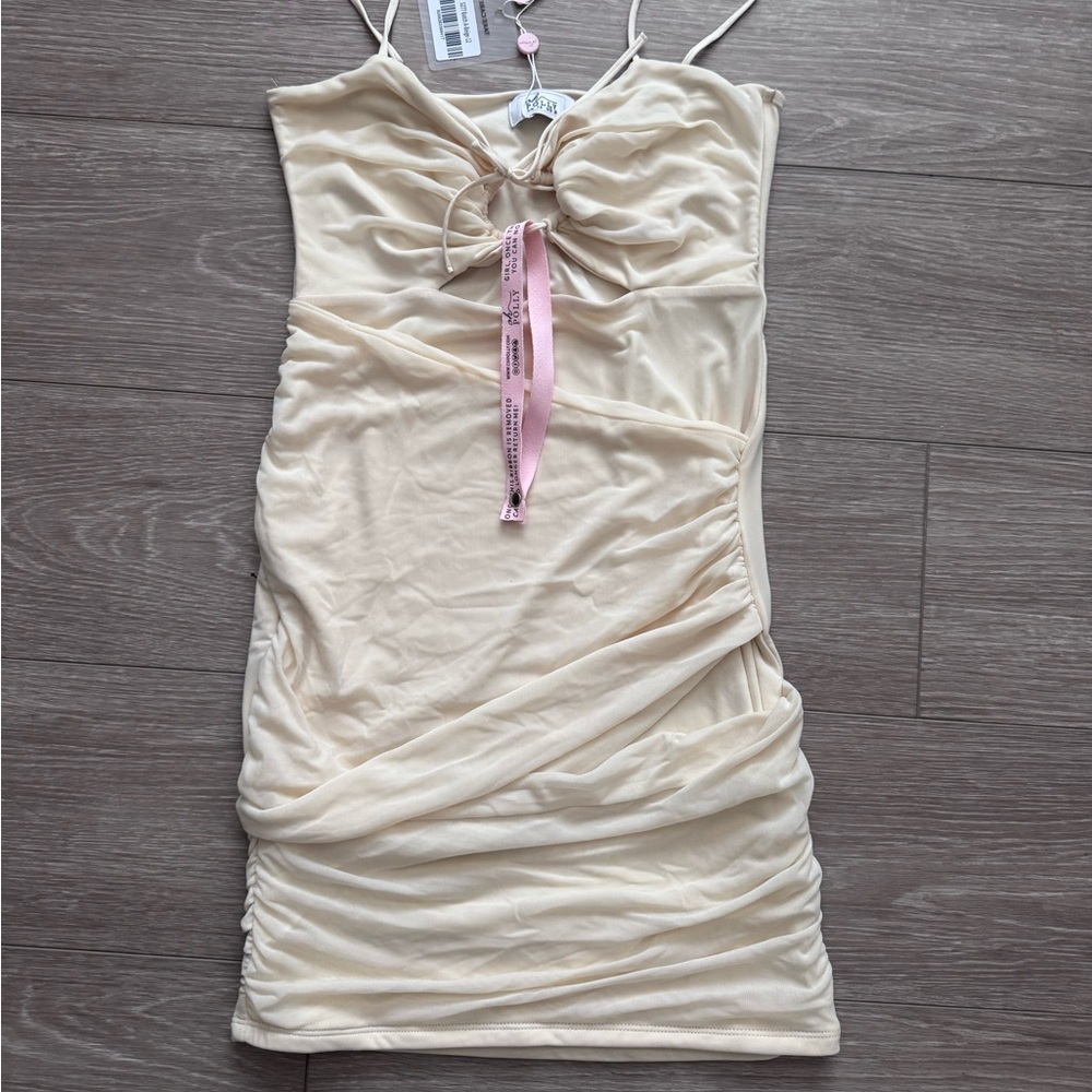 Oh Polly bodycon mini dress cream ruched sides cut outs NWT